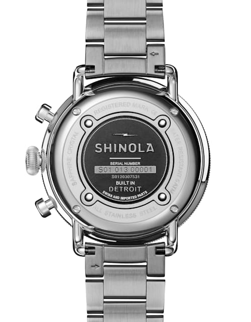 laydown detail image of Canfield 2 Eye Chrono 43mm, Silver Bracelet