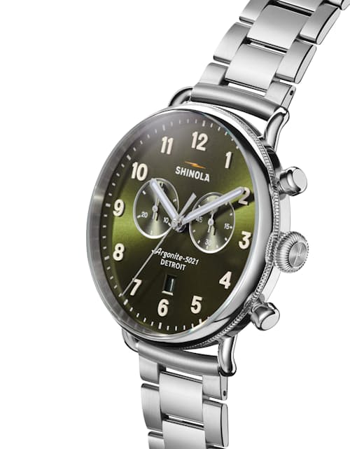 laydown detail image of Canfield 2 Eye Chrono 43mm, Silver Bracelet