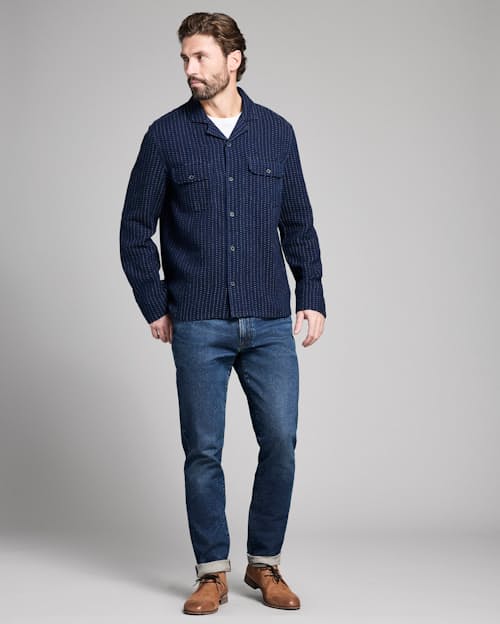on model image of Pin Dot Dobby Two Pocket Overshirt