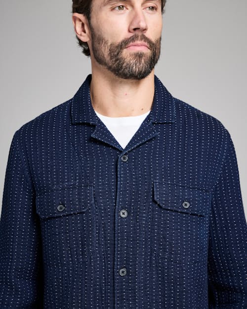 on model image of Pin Dot Dobby Two Pocket Overshirt