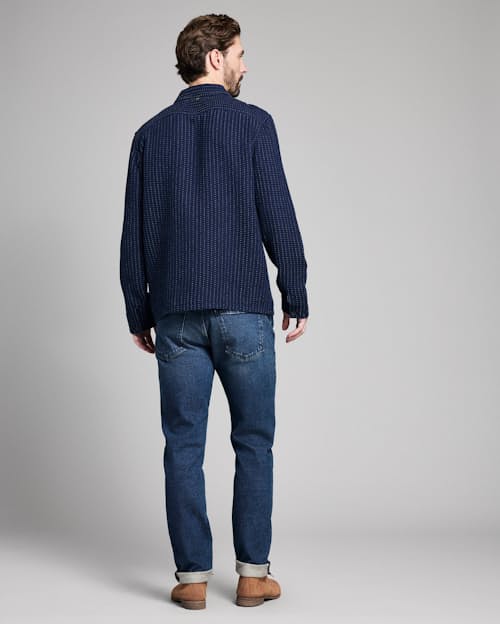 on model image of Pin Dot Dobby Two Pocket Overshirt