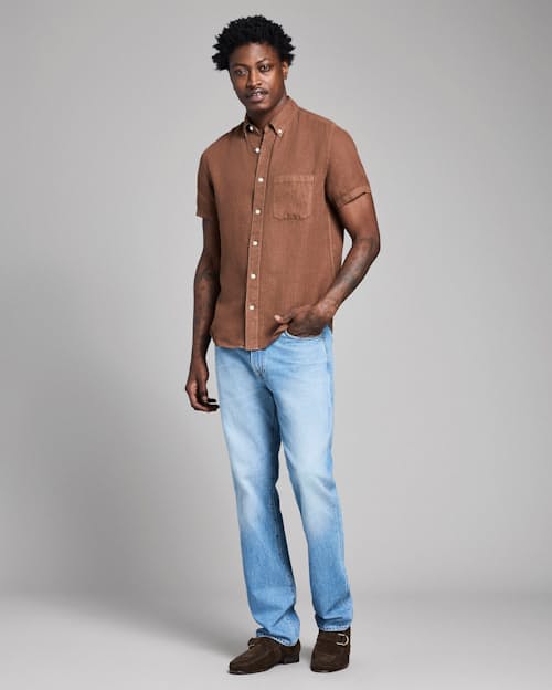 on model image of Tuscumbia Linen Short Sleeve Shirt