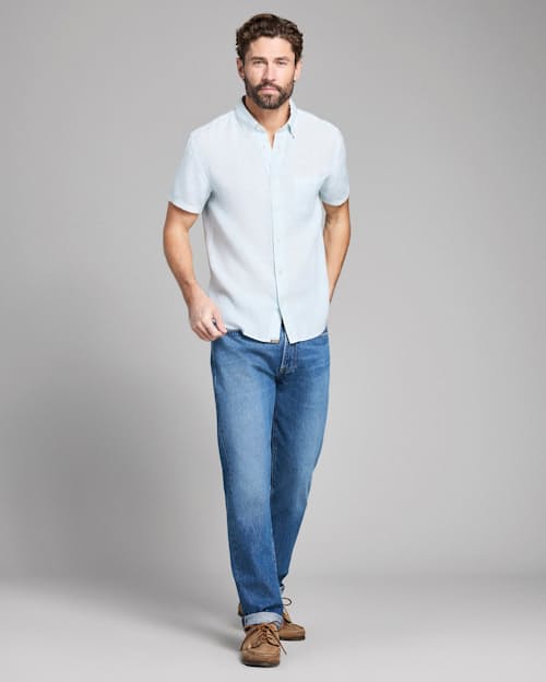 on model image of Tuscumbia Linen Short Sleeve Shirt