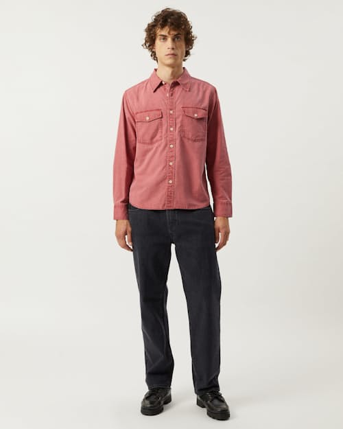 on model image of Pigment Dye Canvas Long Sleeve Shirt