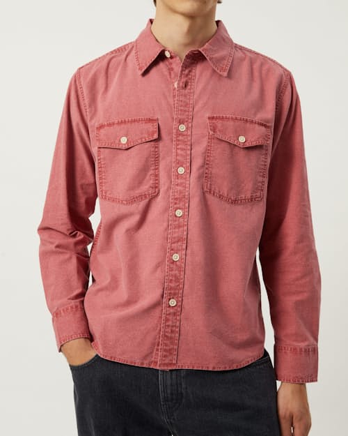 on model image of Pigment Dye Canvas Long Sleeve Shirt