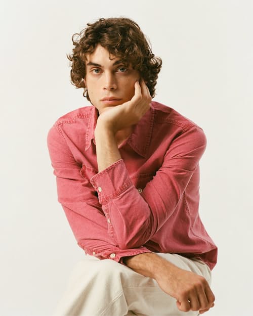 on model image of Pigment Dye Canvas Long Sleeve Shirt