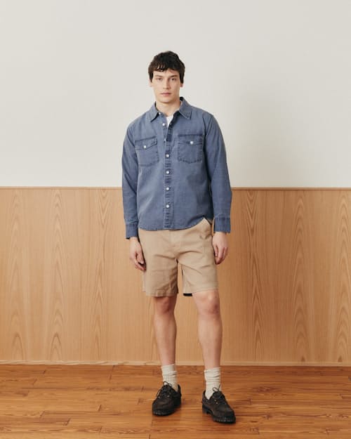 on model image of Pigment Dye Canvas Long Sleeve Shirt
