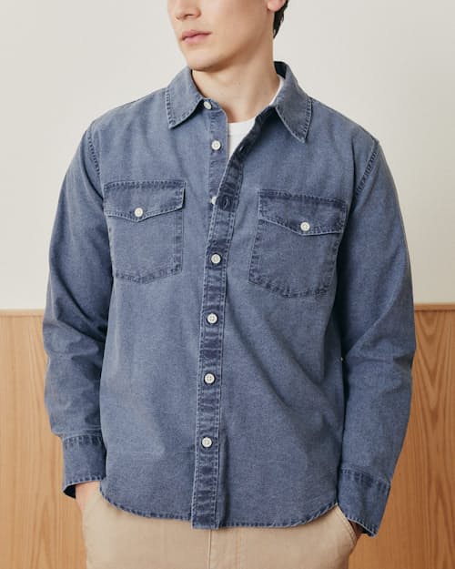on model image of Pigment Dye Canvas Long Sleeve Shirt