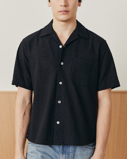on model image of Floral Eyelet Short sleeve Shirt