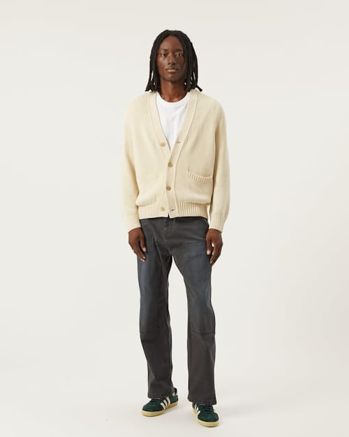 on model image of Washed Cotton Cardigan Sweater