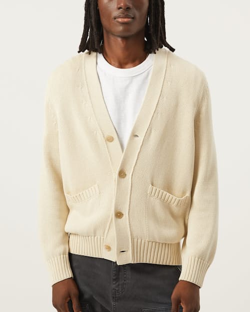 on model image of Washed Cotton Cardigan Sweater