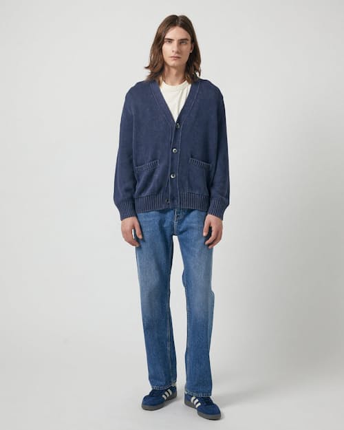 on model image of Washed Cotton Cardigan Sweater