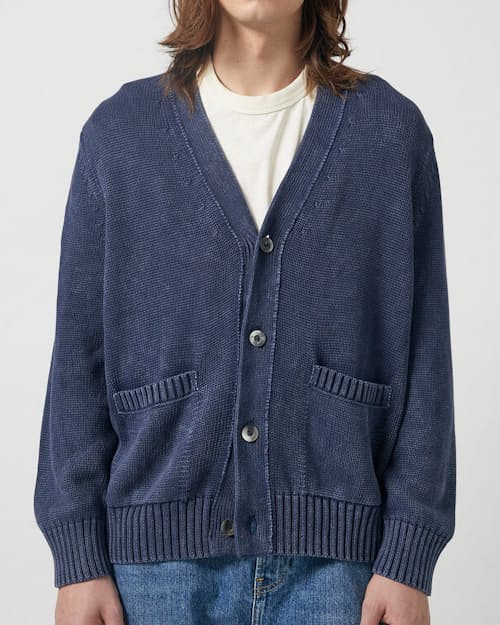 on model image of Washed Cotton Cardigan Sweater