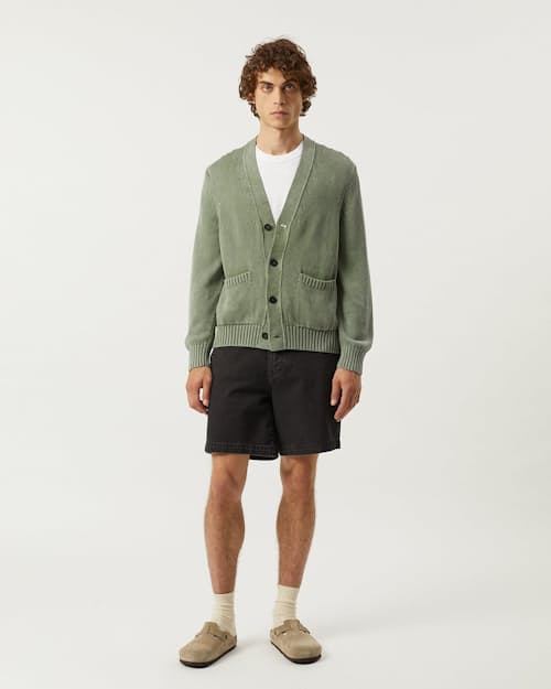 on model image of Washed Cotton Cardigan Sweater