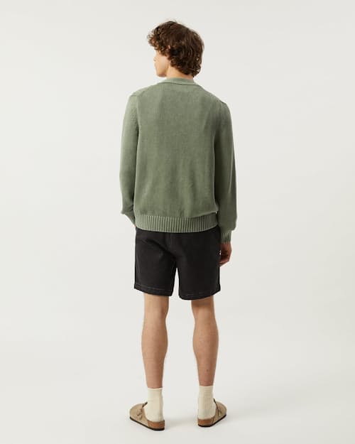 on model image of Washed Cotton Cardigan Sweater