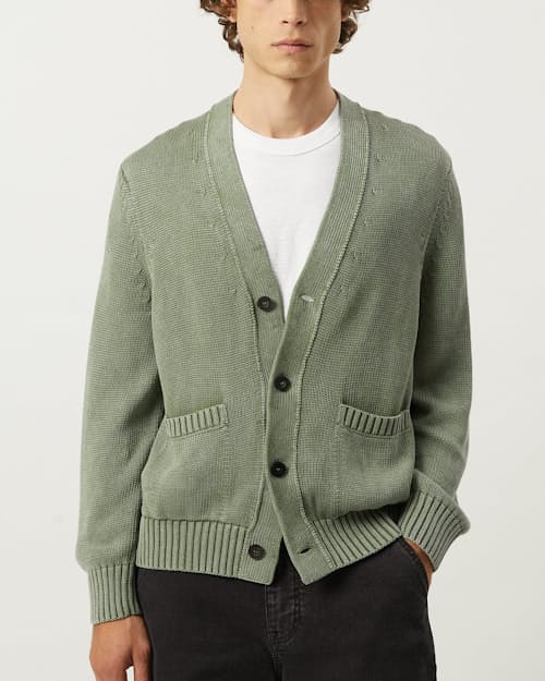 on model image of Washed Cotton Cardigan Sweater