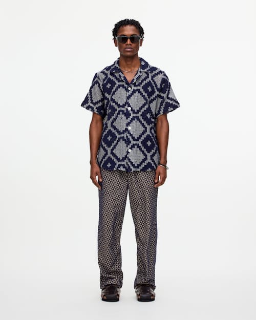 lifestyle image of Camp Collar Crochet Shirt