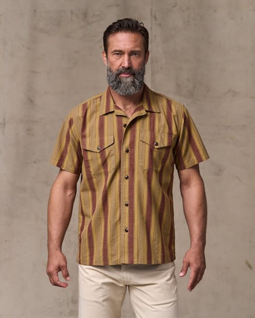 on model image of Short Sleeve Chambray Camp Shirt