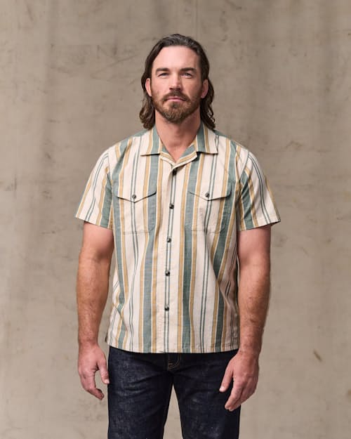 on model image of Short Sleeve Chambray Camp Shirt