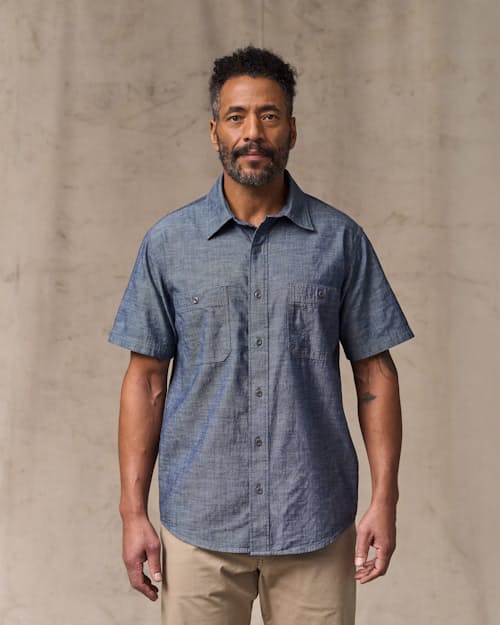 on model image of Short Sleeve Chambray Shirt
