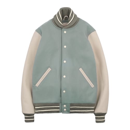 laydown image of Leather and Wool-Blend Varsity Bomber Jacket