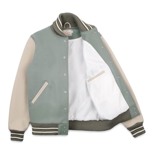 laydown image of Leather and Wool-Blend Varsity Bomber Jacket