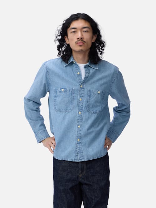 on model image of Utility Chambray Shirt