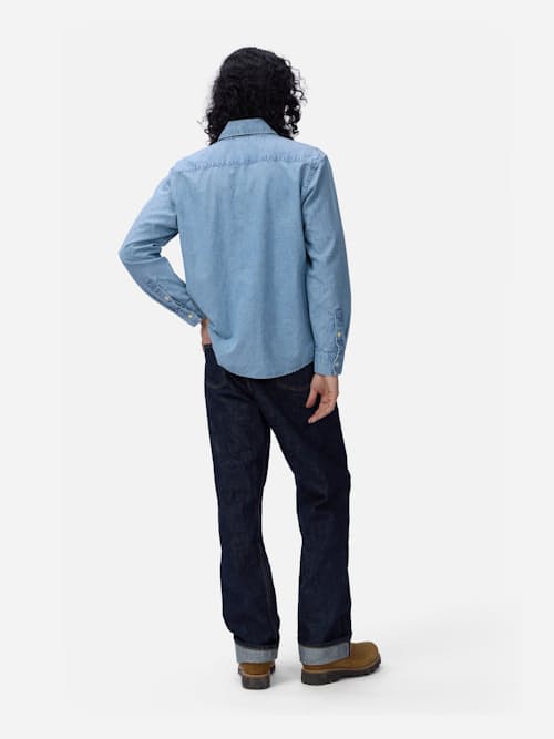 on model image of Utility Chambray Shirt