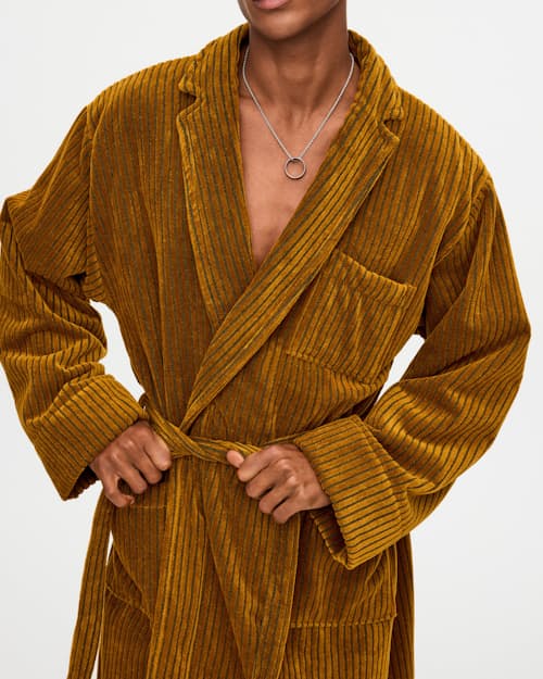 on model image of Santiago Striped Velour Long Robe