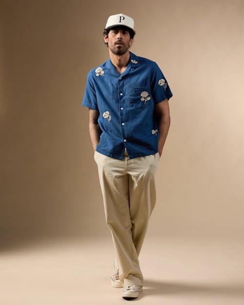 on model image of Embroidered Camp Collar Shirt