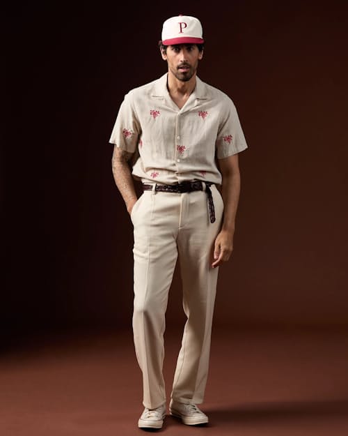 on model image of Embroidered Camp Collar Shirt