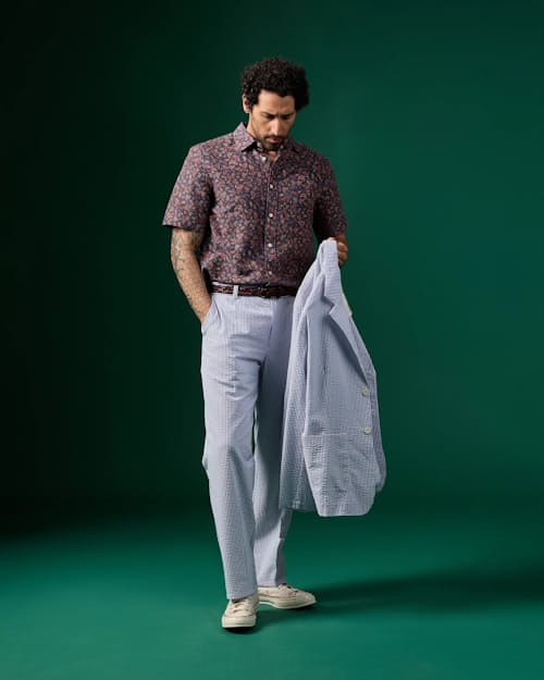 on model image of Silk Linen Short Sleeve Shirt