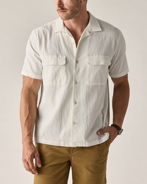 on model image of Seersucker Keys Camp Shirt