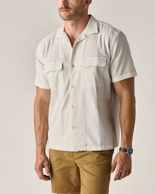 on model image of Seersucker Keys Camp Shirt