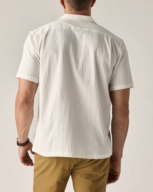 on model image of Seersucker Keys Camp Shirt