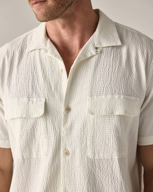 on model image of Seersucker Keys Camp Shirt