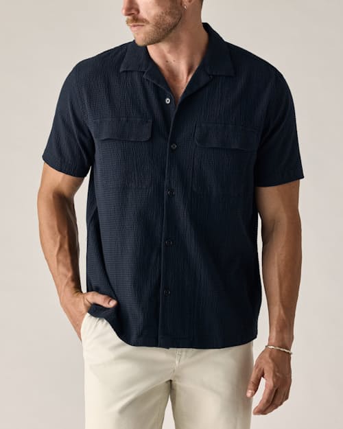 on model image of Seersucker Keys Camp Shirt
