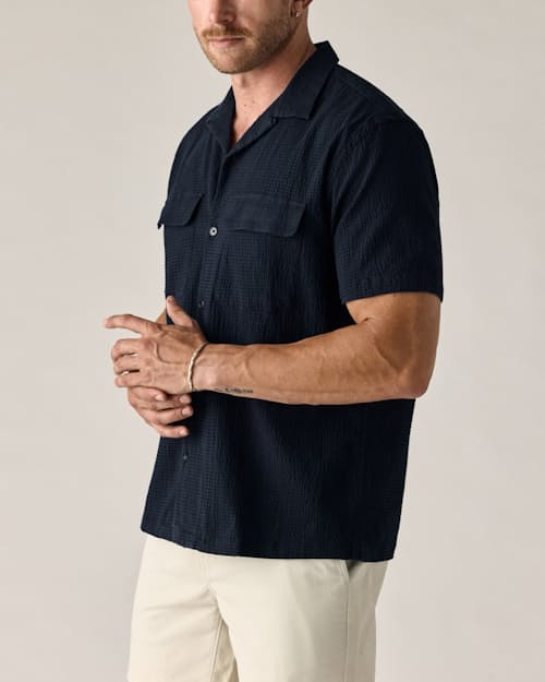 on model image of Seersucker Keys Camp Shirt