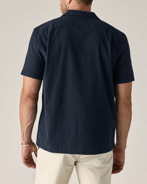 on model image of Seersucker Keys Camp Shirt