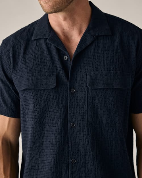 on model image of Seersucker Keys Camp Shirt