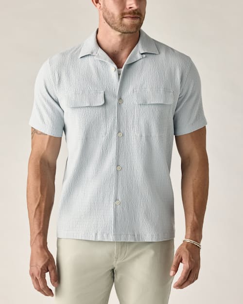 on model image of Seersucker Keys Camp Shirt