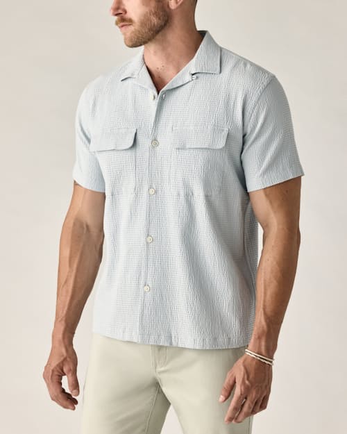 on model image of Seersucker Keys Camp Shirt