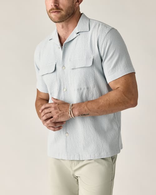 on model image of Seersucker Keys Camp Shirt