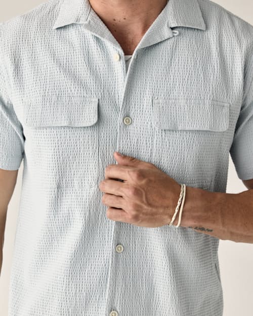 on model image of Seersucker Keys Camp Shirt
