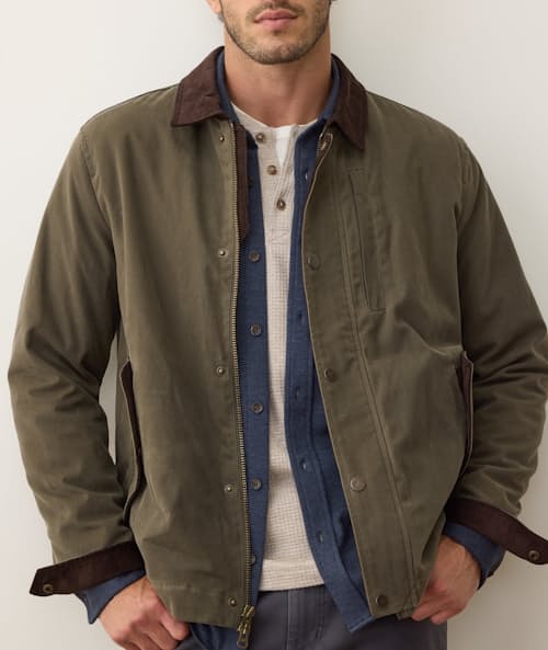 on model image of Weston Wax Canvas Barn Jacket