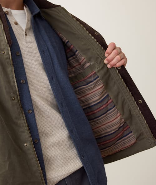on model image of Weston Wax Canvas Barn Jacket