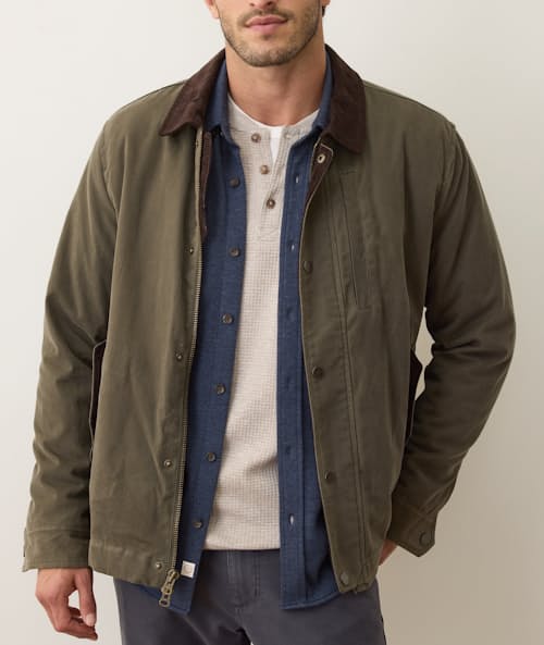 on model image of Weston Wax Canvas Barn Jacket