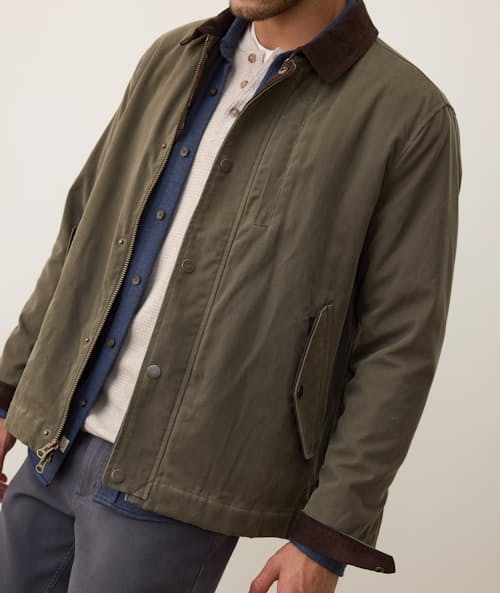 on model image of Weston Wax Canvas Barn Jacket