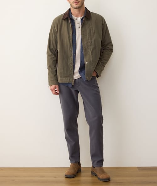 on model image of Weston Wax Canvas Barn Jacket