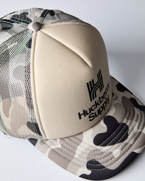 laydown detail image of Animated Camo Huckberry Supply Trucker